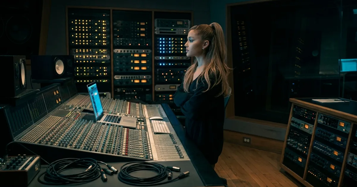 A woman with a long ponytail stands with folded arms beside a large mixing console in a dim studio control room, facing the darkened vocal booth glass