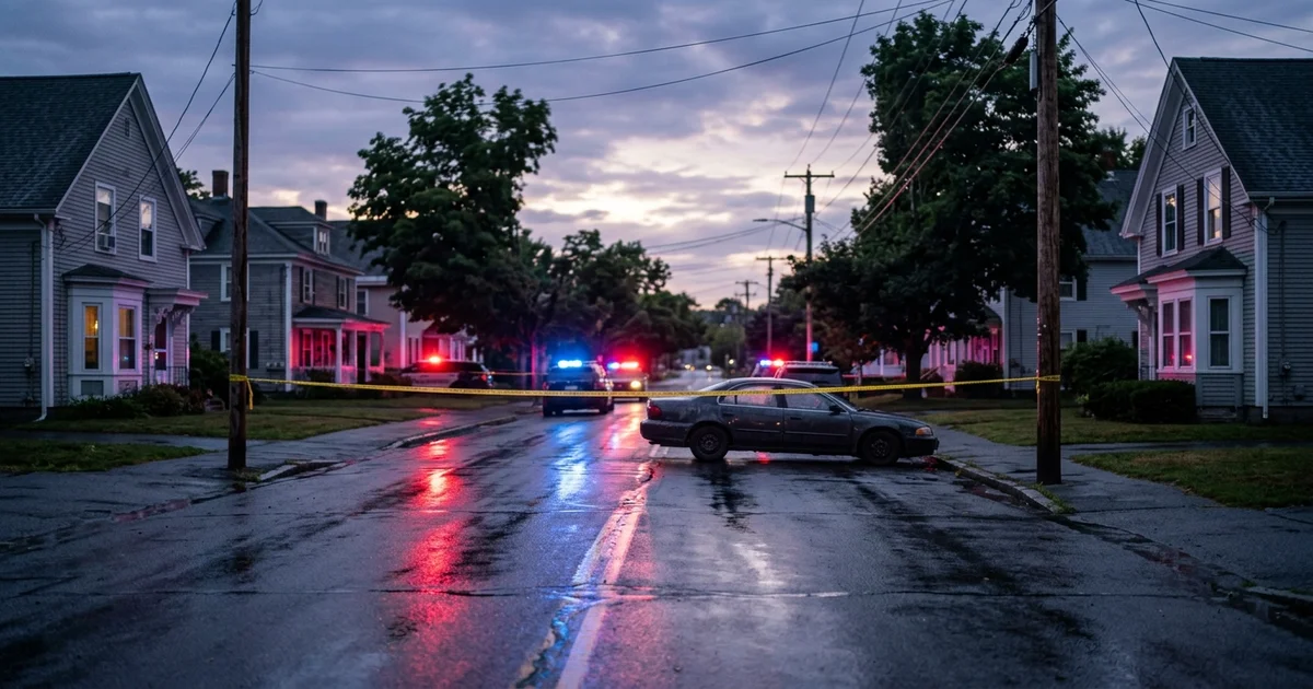 Police lights and crime scene tape on a residential street in a New England town at dawn