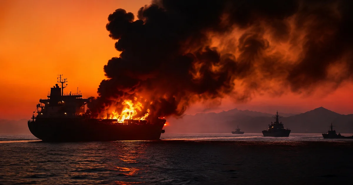 Cargo ship burning in the Strait of Hormuz with smoke billowing against a dusk sky