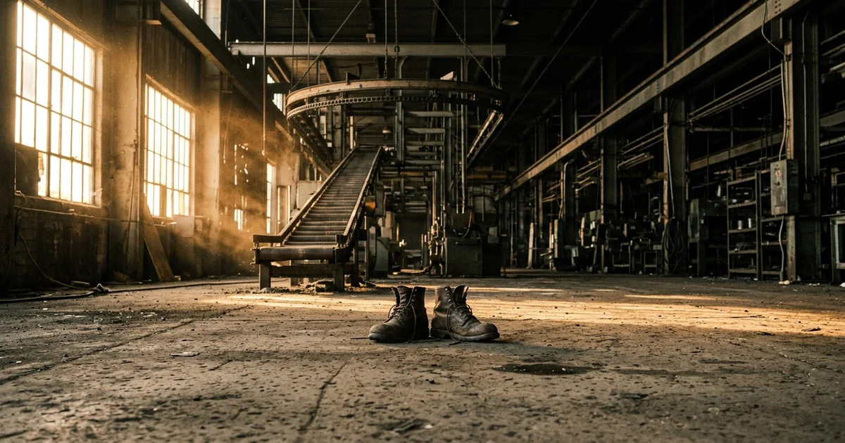 Empty factory floor with abandoned work boots in golden light, idle conveyor belt in background