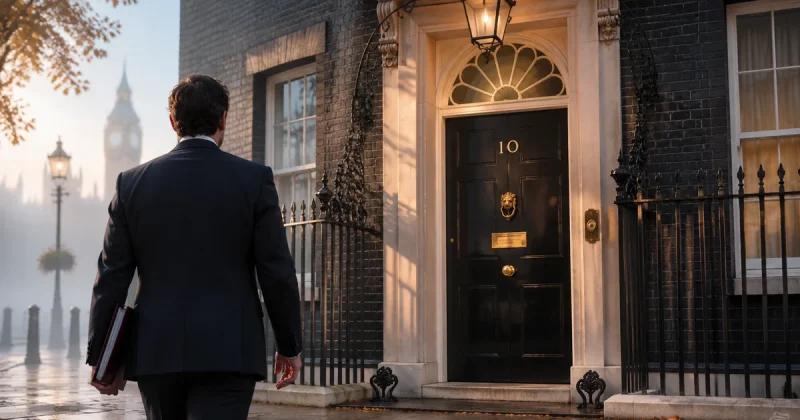 10 Downing Street with a figure approaching in morning light