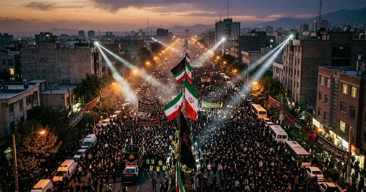 Massive crowd in Tehran at dusk with Iranian flags during funeral procession, spotlight beams cutting through the air