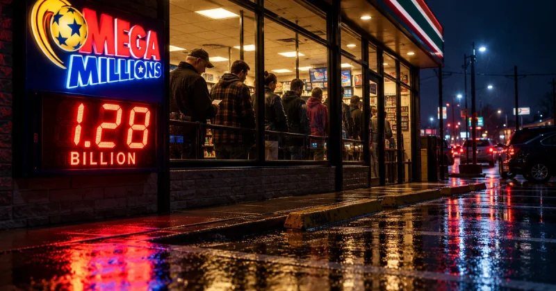 Glowing Mega Millions lottery sign at a convenience store at night with hopeful ticket buyers