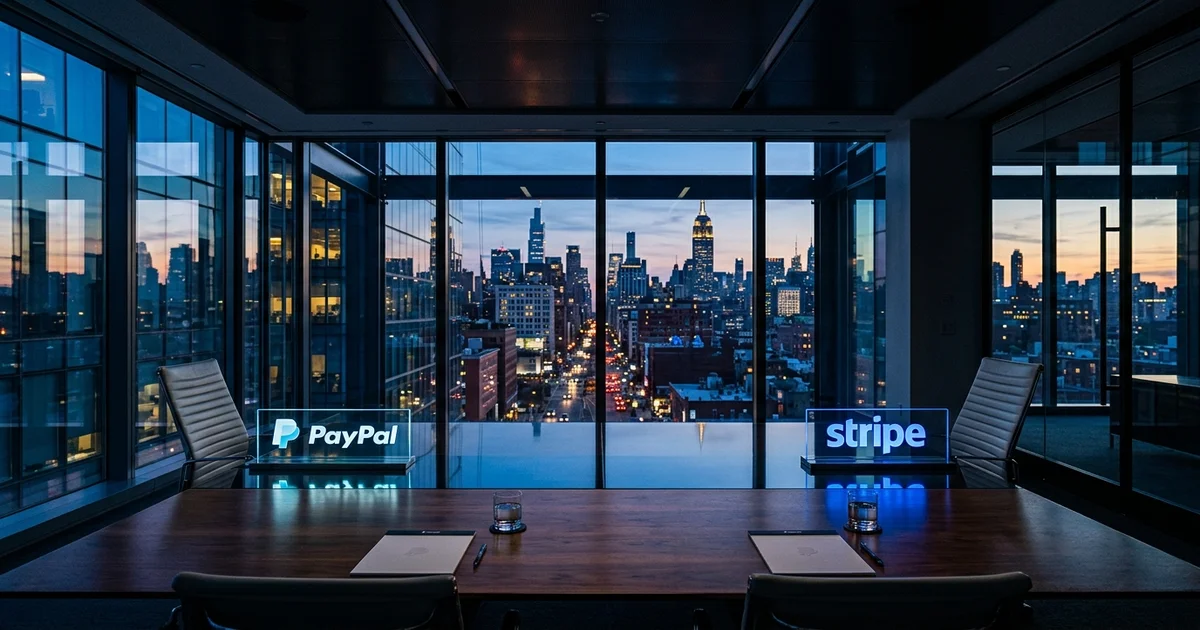 Corporate boardroom at dusk with city skyline through windows representing the Stripe PayPal acquisition negotiations