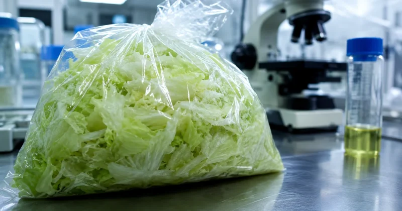 Bag of recalled shredded iceberg lettuce on an FDA laboratory table