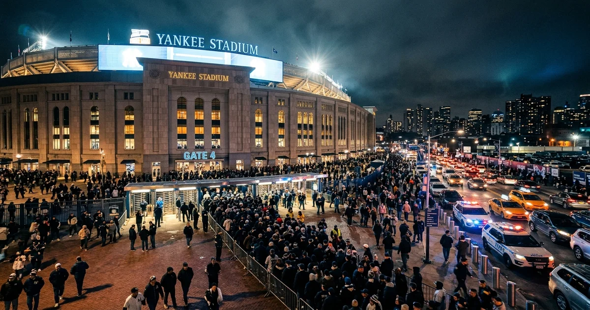 Yankee Stadium exterior at night with crowds gathered outside the gates and police lights visible
