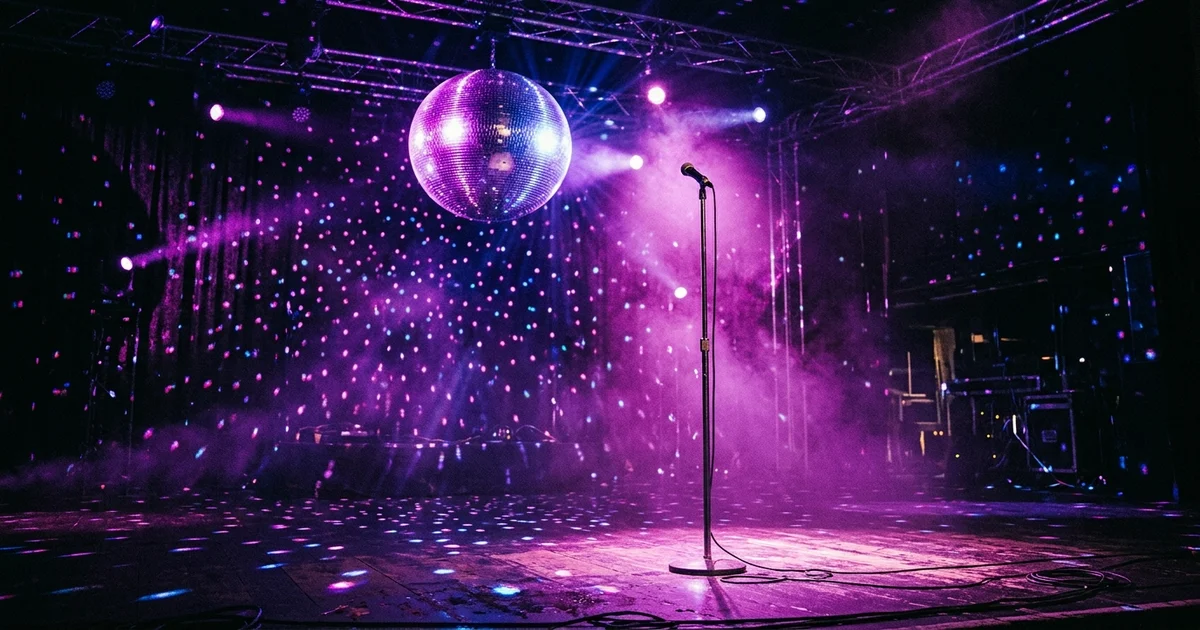 Concert stage with disco ball and purple lighting, microphone stand illuminated by dramatic stage lights