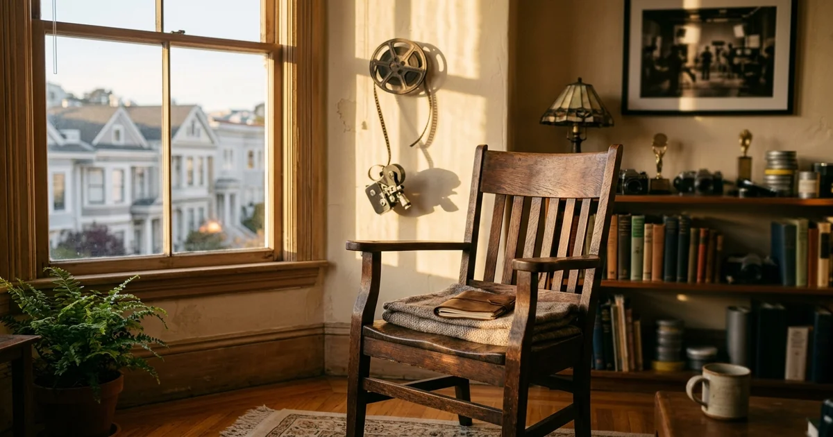 Warm golden light falling through window onto empty wooden chair in San Francisco living room with film reel on wall