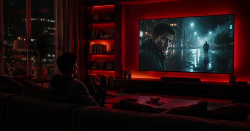 Person watching a thriller drama on a large TV in a dark living room at night