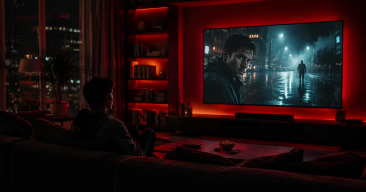 Person watching a thriller drama on a large TV in a dark living room at night