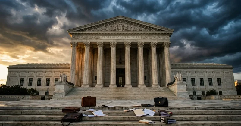 Grand federal courthouse with marble columns under dramatic storm clouds at golden hour with legal documents on steps