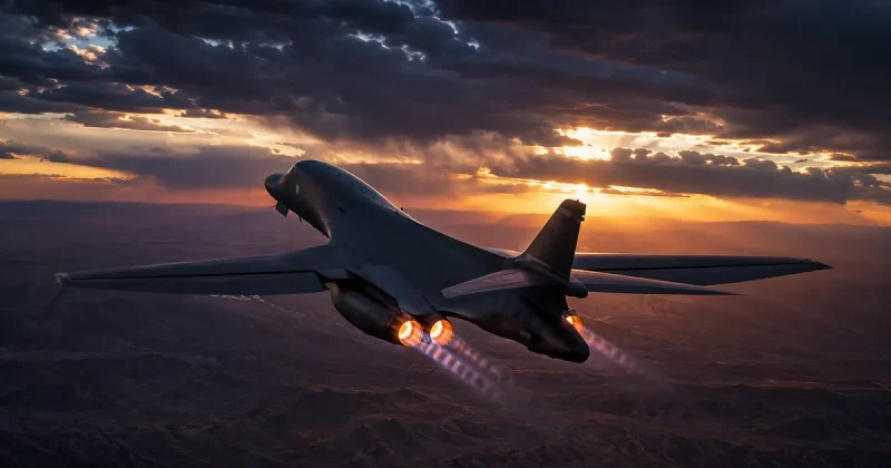 A US Air Force B-1 Lancer bomber with swept wings flying at dusk beneath a storm-lit sky
