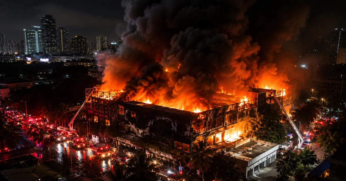 Aerial view of a burning pub in Bangkok with thick smoke and emergency vehicles responding at night