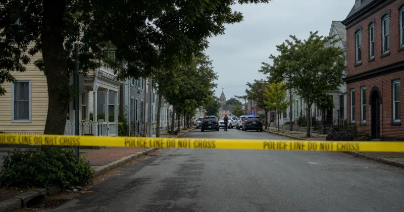 Yellow police tape reading Police Line Do Not Cross stretched across a cordoned residential street in Biddeford, Maine, with law-enforcement SUVs and an officer in the distance