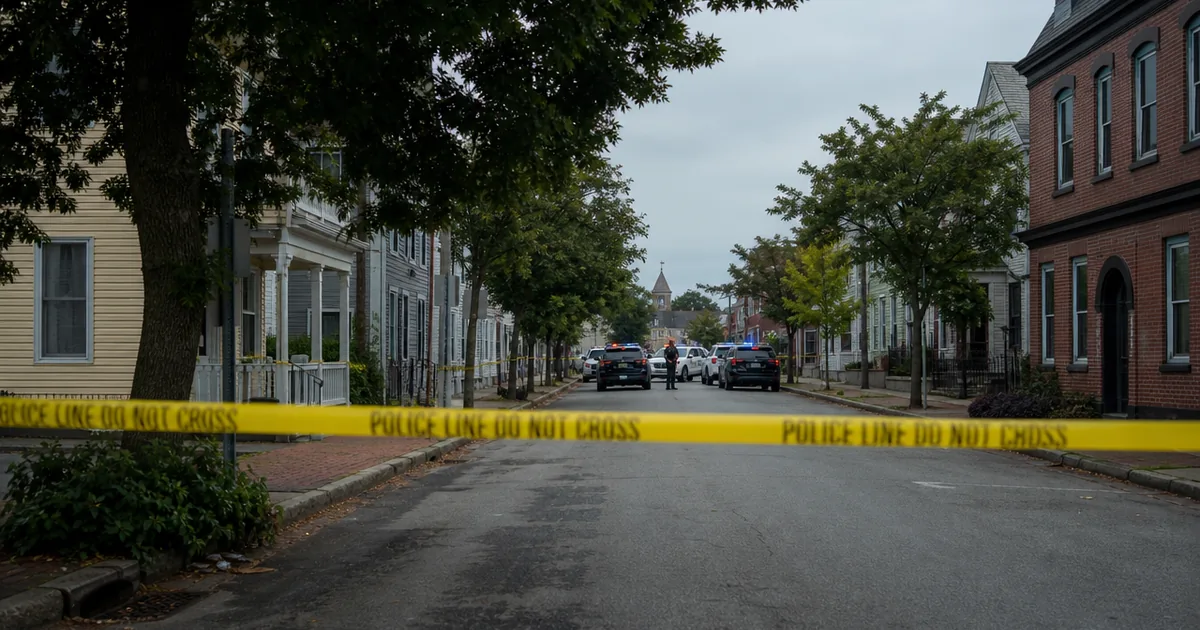 Yellow police tape reading Police Line Do Not Cross stretched across a cordoned residential street in Biddeford, Maine, with law-enforcement SUVs and an officer in the distance