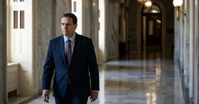A man in a dark navy suit walks alone down a sunlit marble corridor in a US Senate office building