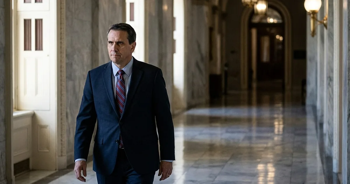 A man in a dark navy suit walks alone down a sunlit marble corridor in a US Senate office building
