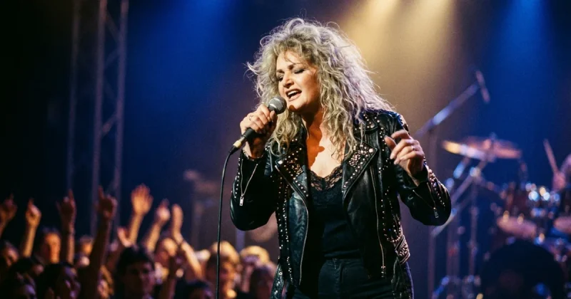 Bonnie Tyler singing on stage in a studded leather jacket under dramatic blue and gold concert lighting