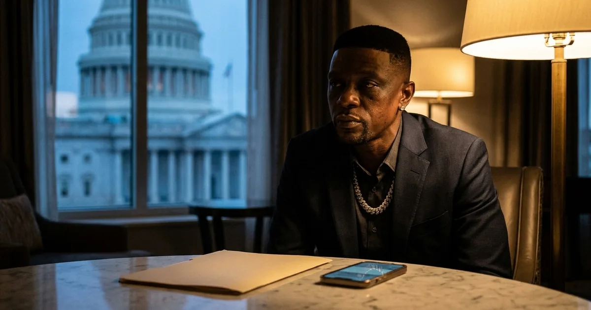 Rapper Boosie Badazz sits alone at a marble table in a dim Washington hotel lounge with a legal folder and phone, the US Capitol dome visible through the window behind him
