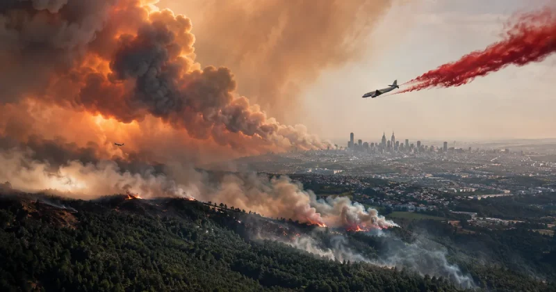Massive wildfire advancing through pine forests toward a city skyline with thick smoke and firefighting aircraft dropping flame retardant