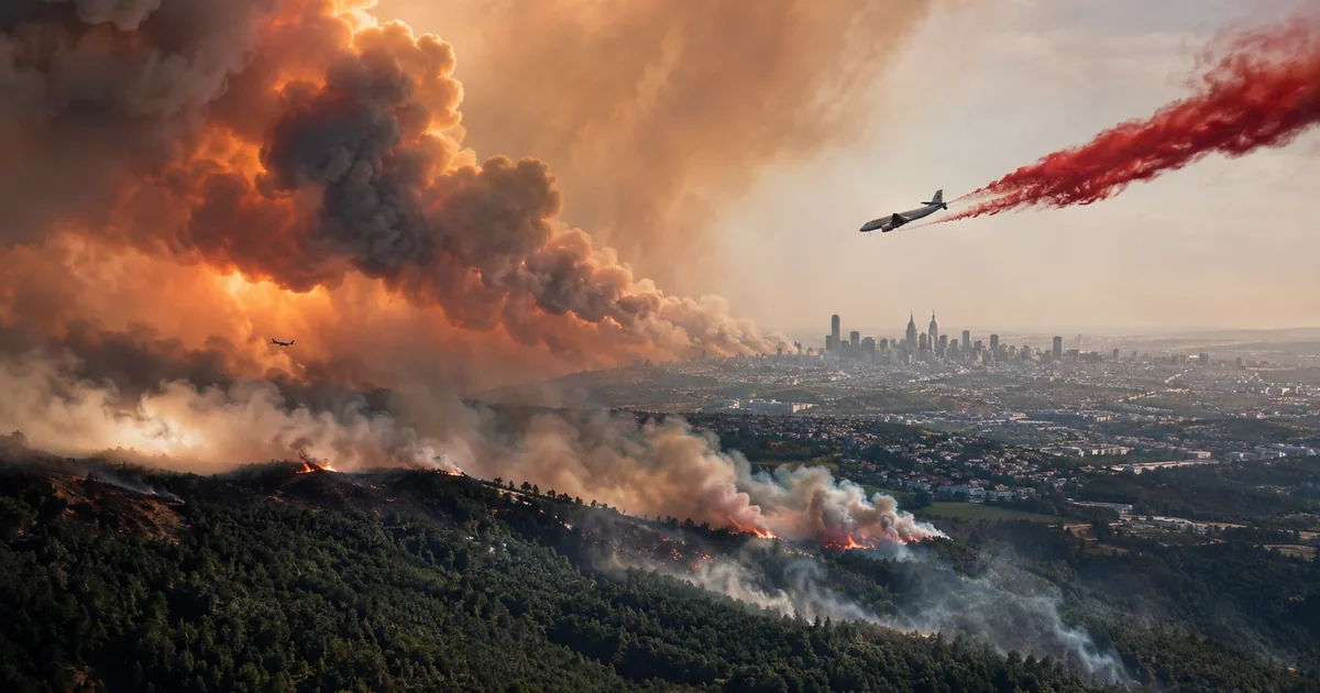 Massive wildfire advancing through pine forests toward a city skyline with thick smoke and firefighting aircraft dropping flame retardant