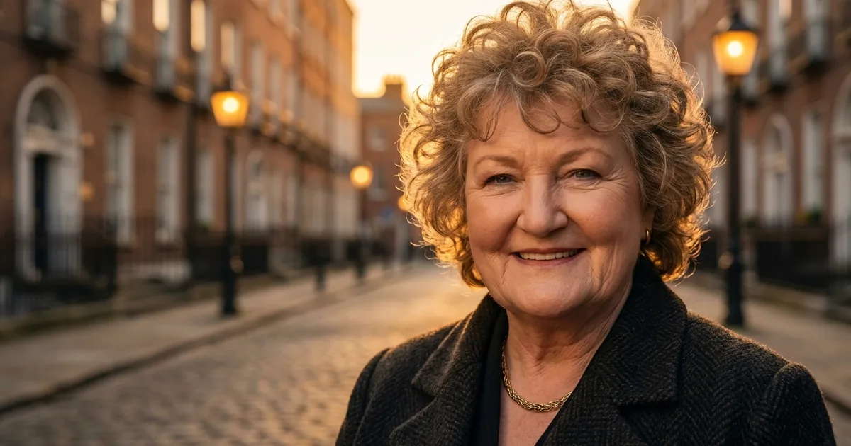 Brenda Fricker, the Oscar-winning Irish actress, in a portrait setting with a Dublin streetscape behind her