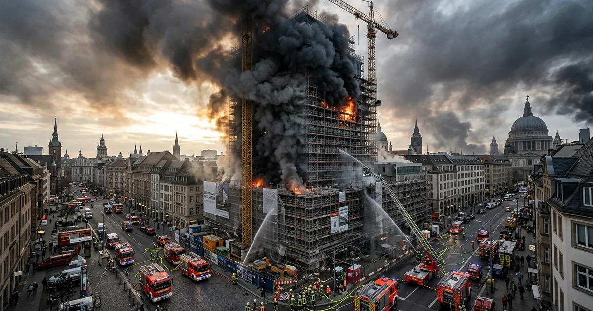 Heavy smoke rises from a scaffolded commercial tower under renovation in a European city center as firefighters and emergency vehicles respond at street level