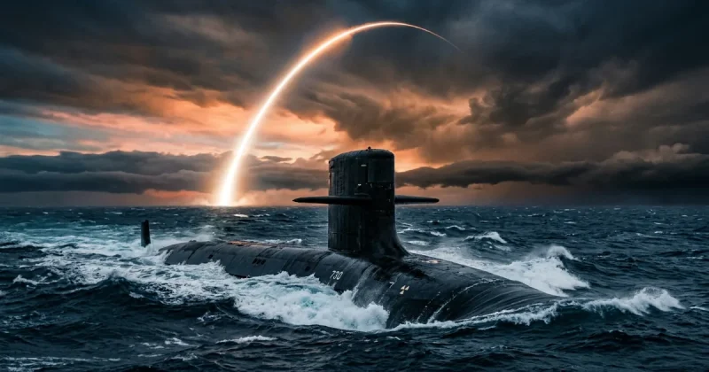 Submarine surfacing in dark Pacific Ocean waves with ballistic missile trail arcing through stormy sky at dawn