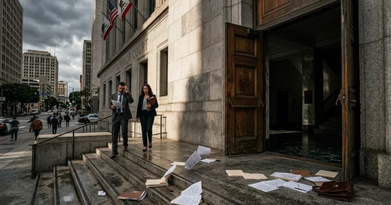 The Los Angeles Superior Court building exterior with legal documents scattered on the courthouse steps and two attorneys descending the stairs