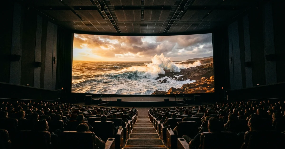 Grand IMAX theater filled with an audience watching an epic ocean scene on a massive curved screen