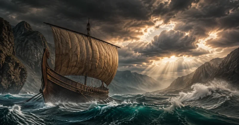 Ancient Greek ship with a large sail on a stormy turquoise Mediterranean sea with dramatic storm clouds and golden sunlight