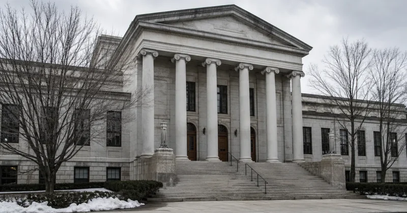A stately Massachusetts courthouse exterior with stone columns under an overcast winter sky