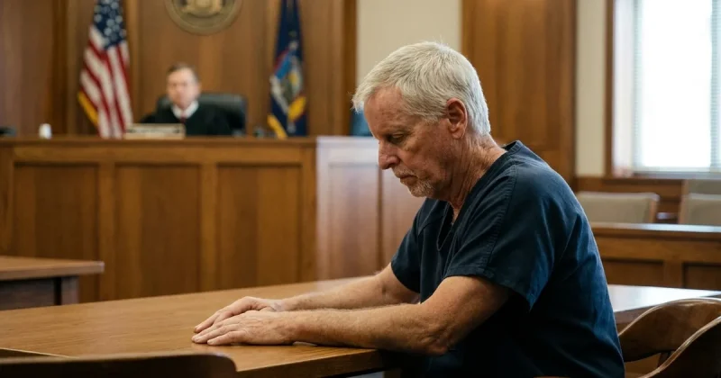 A gray-haired man in a dark navy inmate uniform sits with his head bowed at a wooden courtroom defense table, a judge visible on the bench behind him