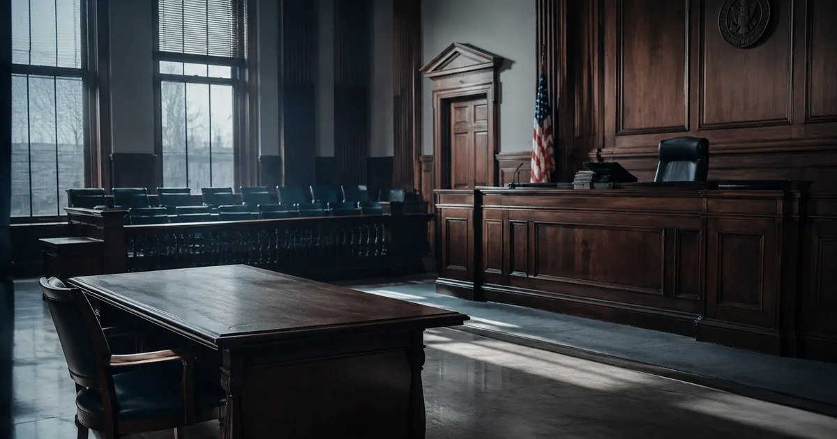Empty wood-paneled courtroom with a vacant jury box, an American flag beside the judge's bench, and a bare defense table with one chair pushed back