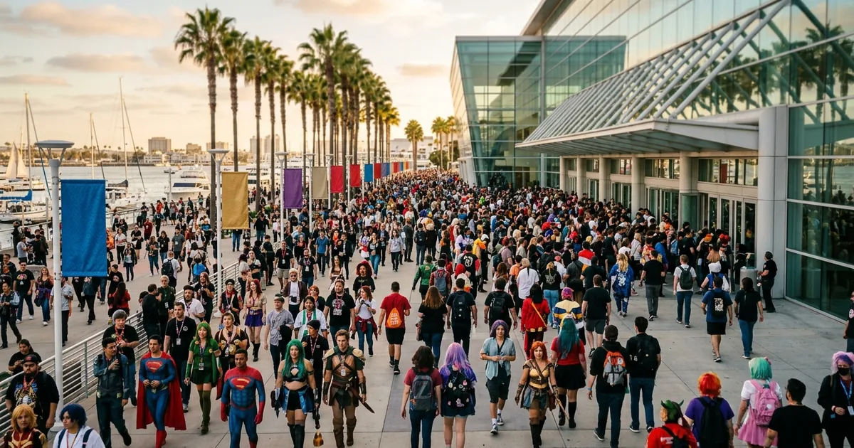 A dense crowd of fans and costumed attendees walking toward a glass convention center at golden hour with palm trees and the harbor behind them