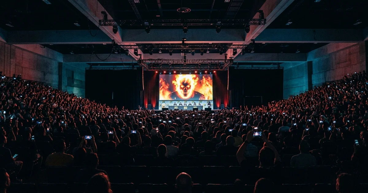 A massive crowd fills San Diego Comic-Con Hall H with phones raised as a flaming skull image glows on the main stage screen
