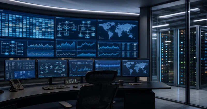 Network operations centre with monitors showing content tiles, routing diagrams and uptime graphs beside server racks
