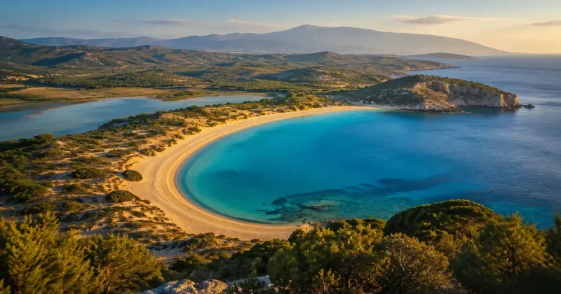 Aerial golden-hour view of the omega-shaped Voidokilia Bay in Messinia, with turquoise water, a curve of golden sand, a lagoon behind the dunes and olive-covered hills running to distant mountains