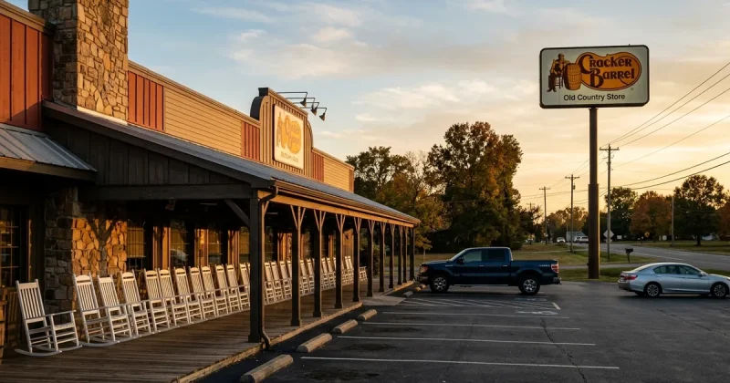 Cracker Barrel Old Country Store exterior at sunset with a row of empty white rocking chairs on the porch and a nearly empty parking lot