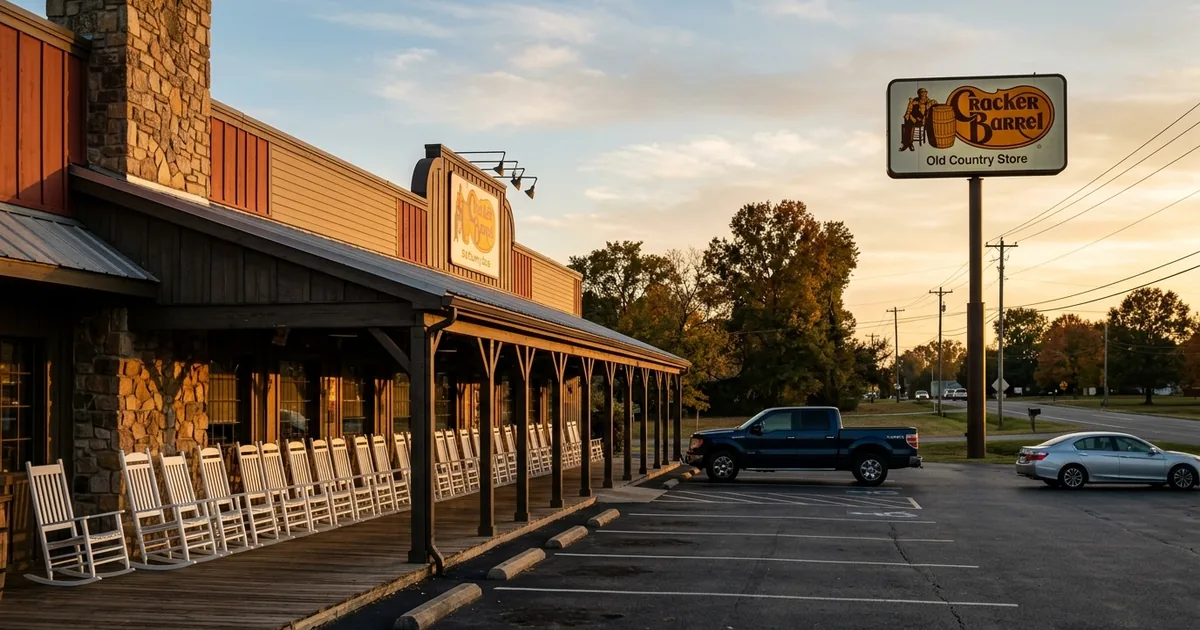 Cracker Barrel Old Country Store exterior at sunset with a row of empty white rocking chairs on the porch and a nearly empty parking lot