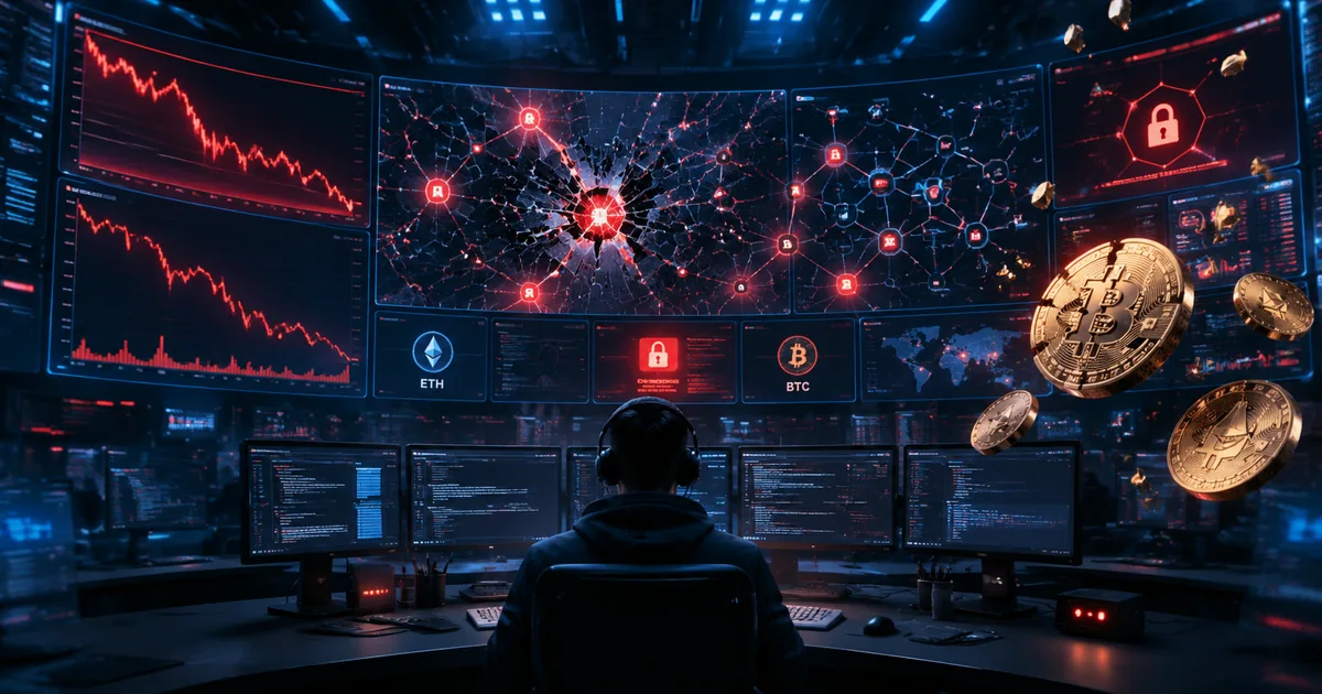 Dark cybersecurity operations center: an analyst monitors a video wall showing a fracturing blockchain network with red breach points, plunging crypto price charts, and floating Bitcoin and Ethereum coins