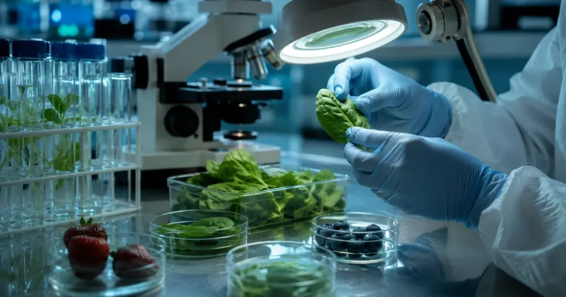 Gloved hands examining leafy greens and berries under an inspection lamp beside a microscope in a public health laboratory