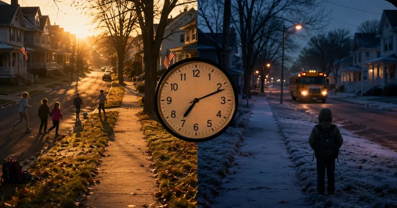 Split scene showing bright evening sunset on one side and dark winter morning on the other with an analog clock in the center