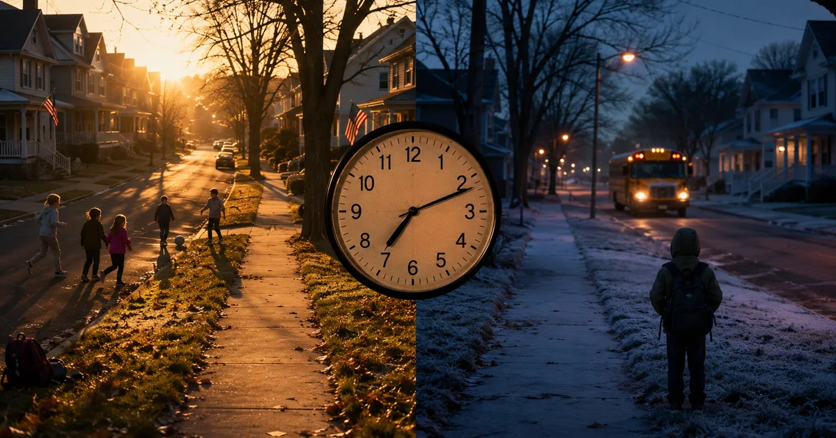 Split scene showing bright evening sunset on one side and dark winter morning on the other with an analog clock in the center