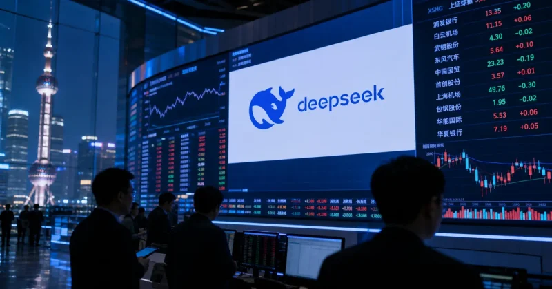 The DeepSeek whale logo on a large trading floor display screen surrounded by stock tickers and candlestick charts, with traders silhouetted in front and the Shanghai skyline visible through the windows