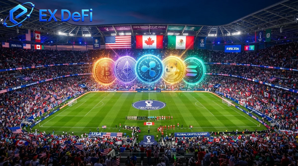 Cryptocurrency coins over a football stadium during the World Cup