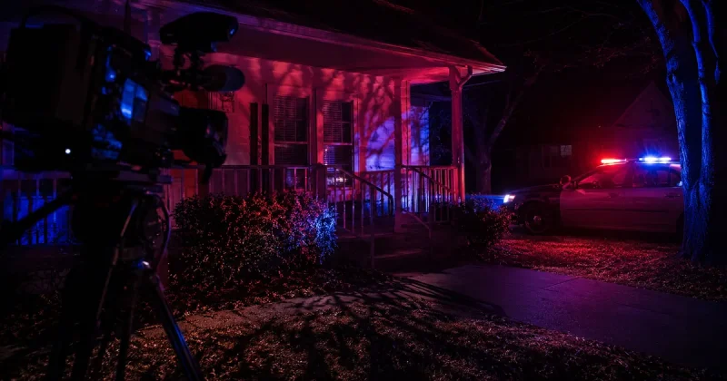 Suburban front porch at night with red and blue police lights and a TV camera silhouette