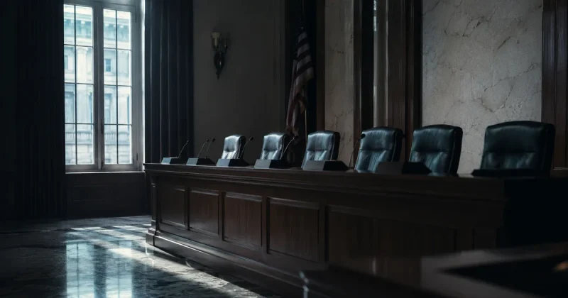 Empty government hearing room with five vacant chairs behind a wooden dais, unlit microphones and an American flag in shadow