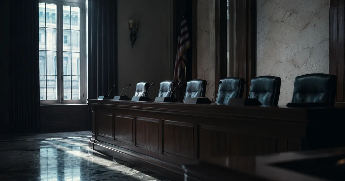Empty government hearing room with five vacant chairs behind a wooden dais, unlit microphones and an American flag in shadow