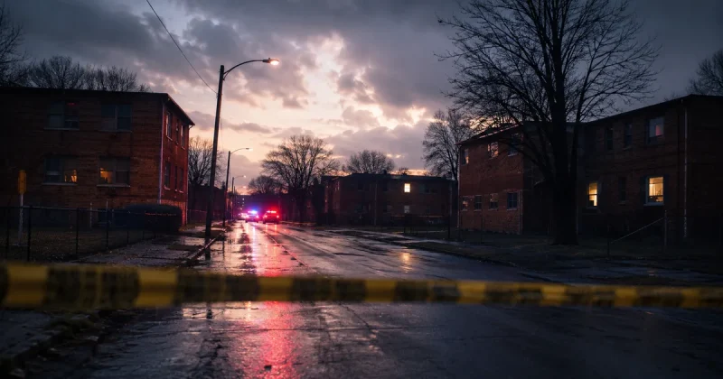 Police tape stretched across an empty residential street in East St. Louis with emergency lights reflecting off wet pavement at dusk